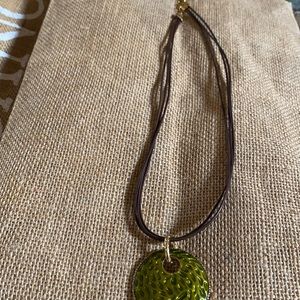 Brown Faux Leather Cord Necklace with Green & Gold Circle Medallion